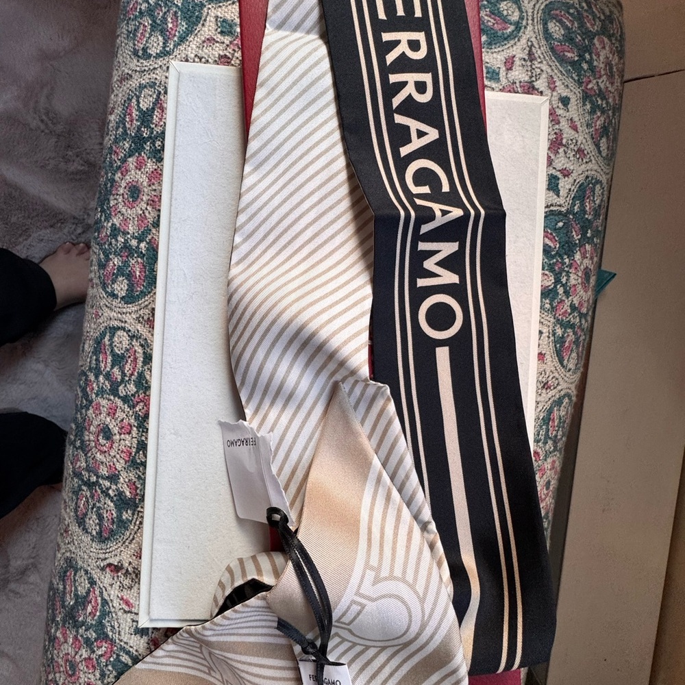 Salvatore Ferragamo Black and Cream Silk Scarf